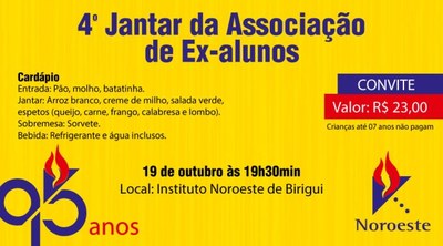 Instituto Noroeste de Birigui realizará 4° Jantar da Associação de Ex-alunos